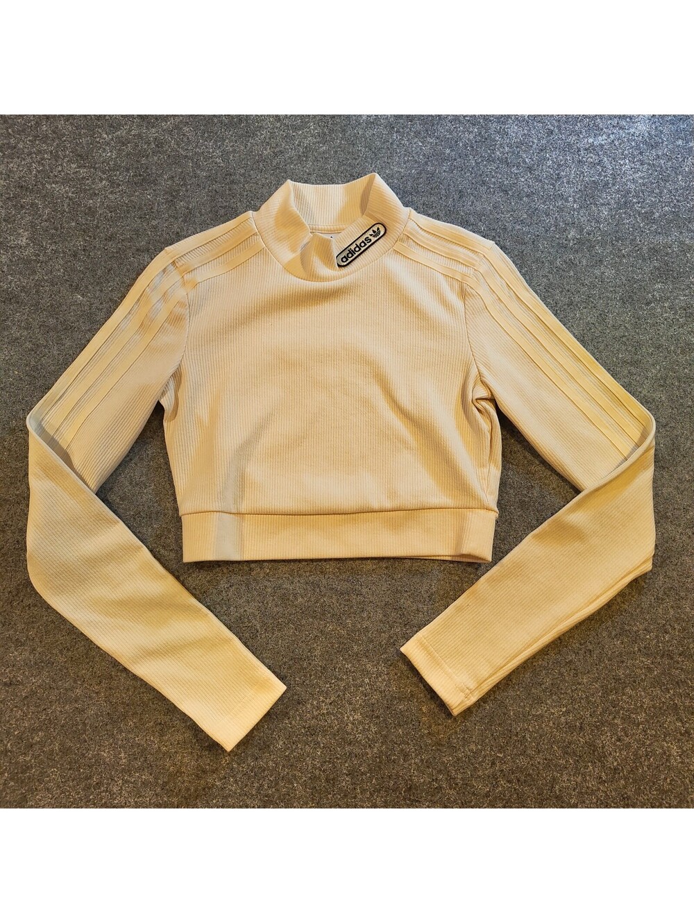 Adidas Women’s XS Cream Ribbed Cropped Long Sleeve Top 3‑Stripes